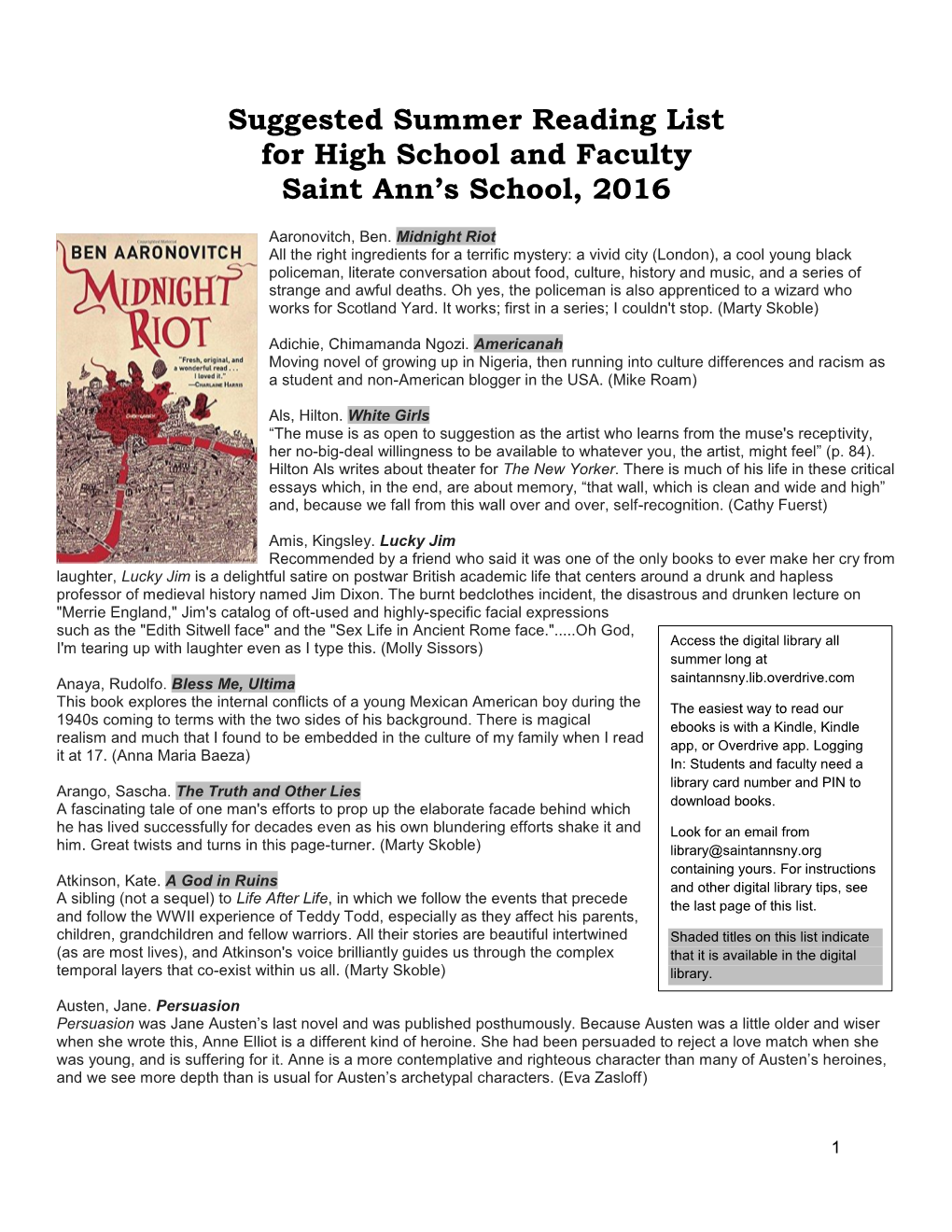 Suggested Summer Reading List for High School and Faculty Saint Ann’S School, 2016