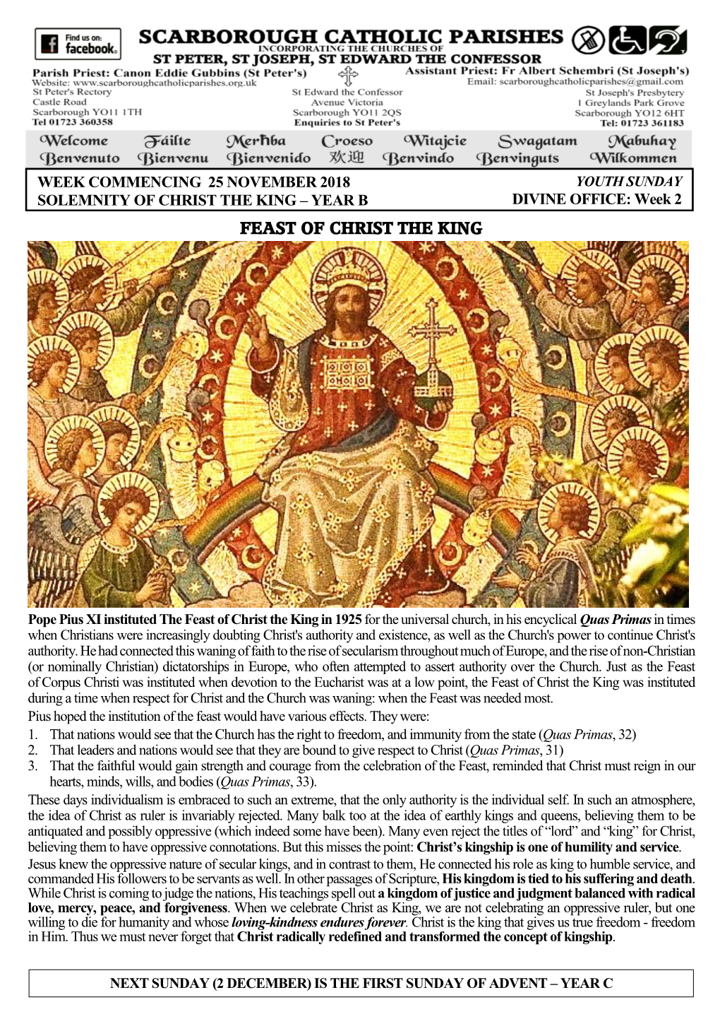 25 NOVEMBER 2018 YOUTH SUNDAY SOLEMNITY of CHRIST the KING – YEAR B DIVINE OFFICE: Week 2