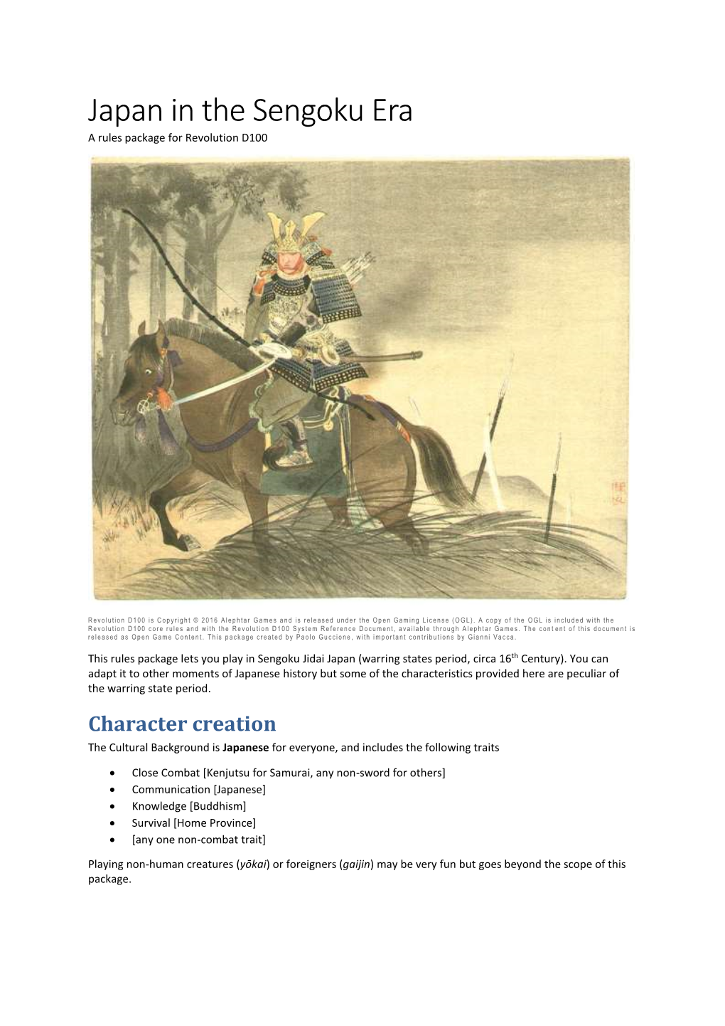 Japan in the Sengoku Era a Rules Package for Revolution D100