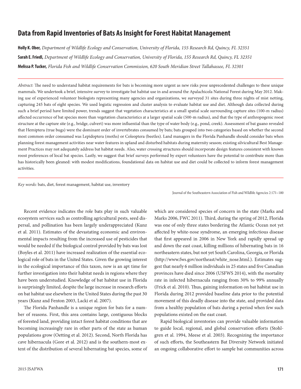 Data from Rapid Inventories of Bats As Insight for Forest Habitat Management