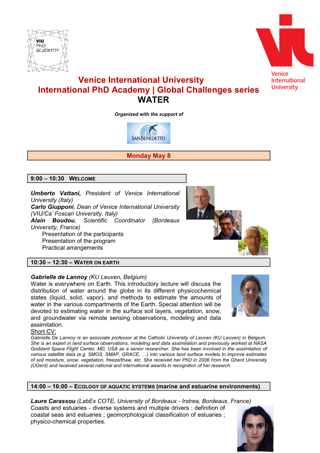 Venice International University International Phd Academy | Global Challenges Series WATER