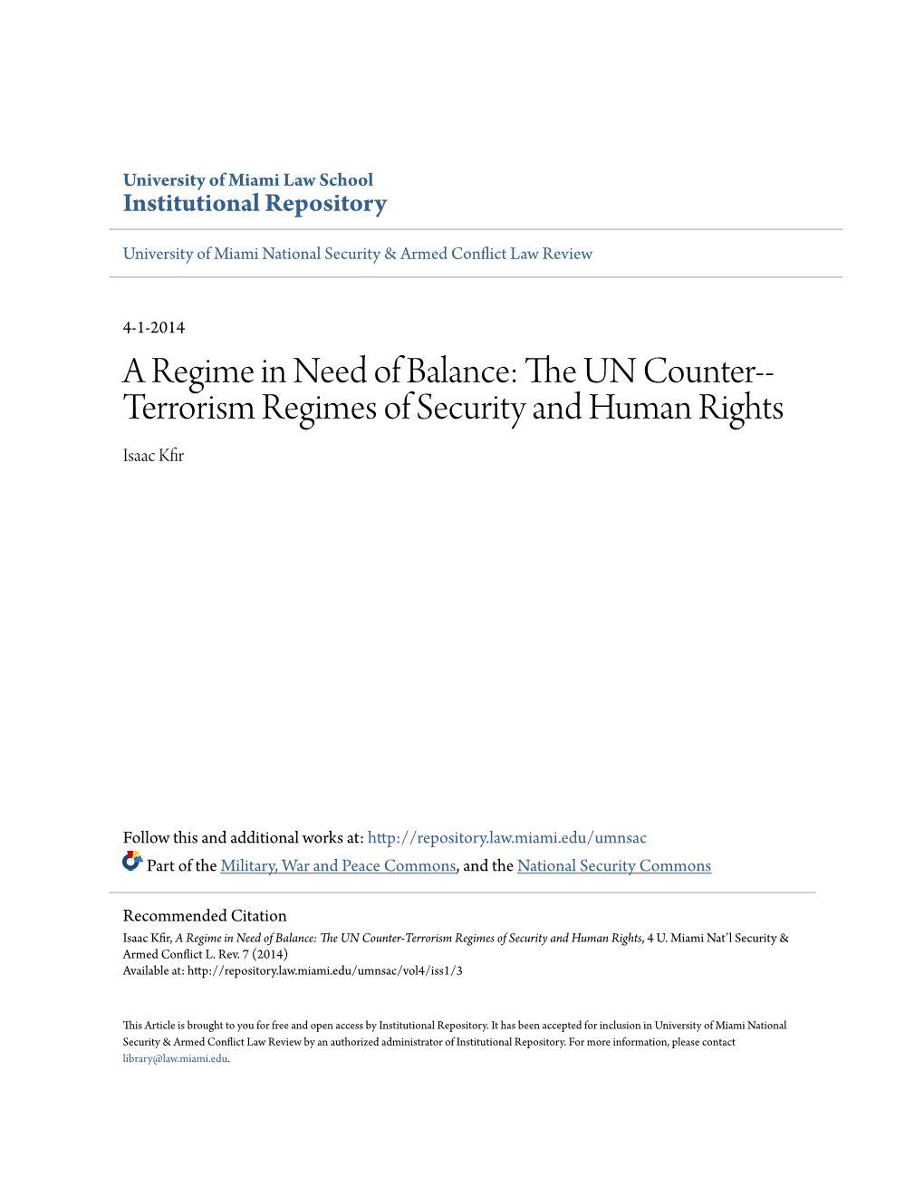 The UN Counter-Terrorism Regimes of Security and Human Rights, 4 U