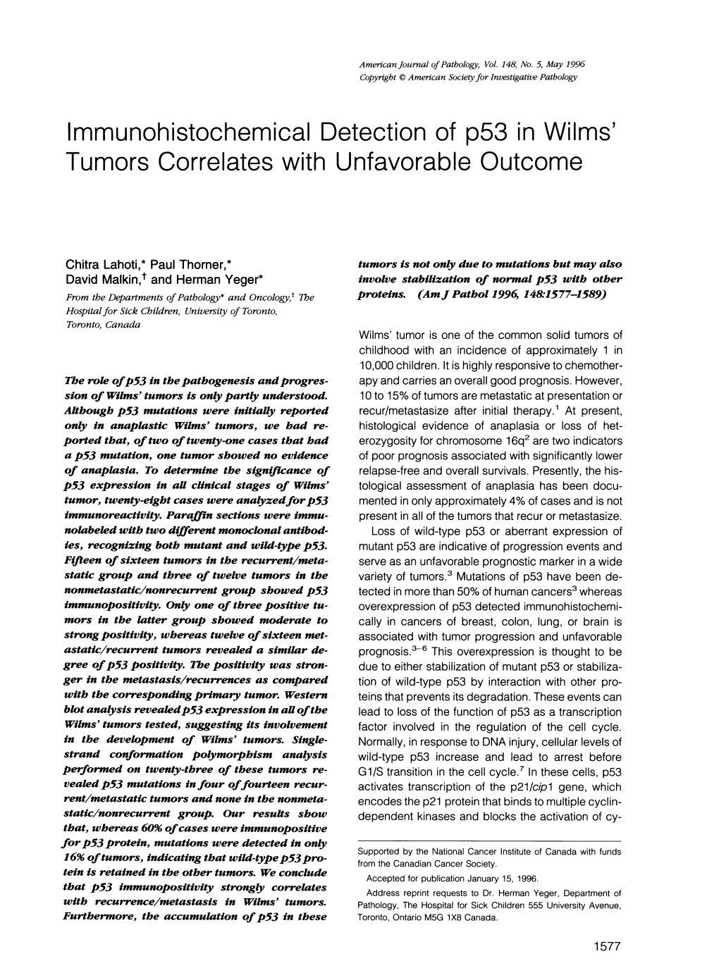 Immunohistochemical Detection of P53 in Wilms' Tumors Correlates with Unfavorable Outcome