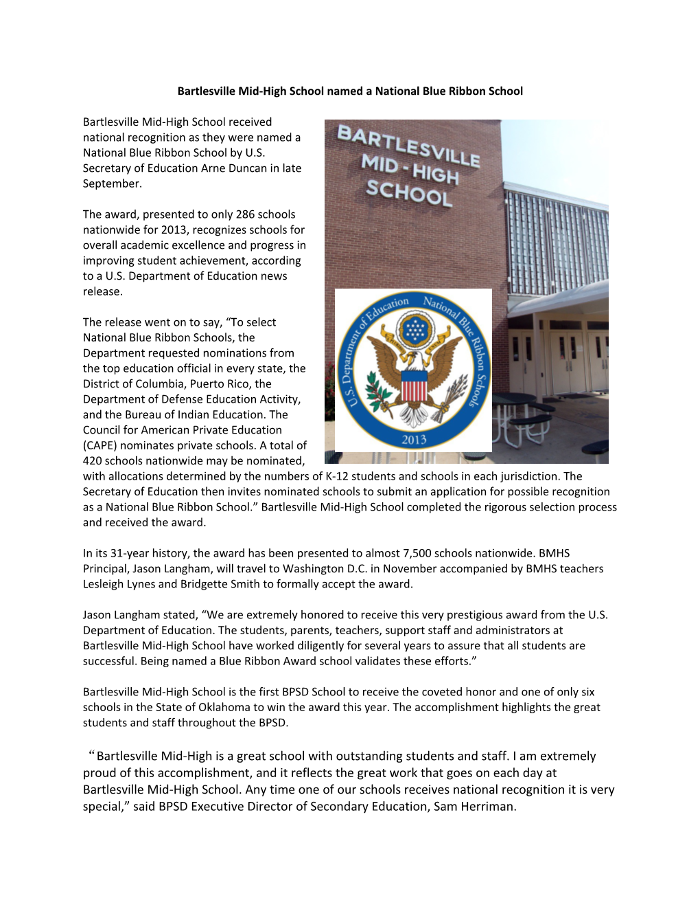 Bartlesville Mid-High School Named a National Blue Ribbon School