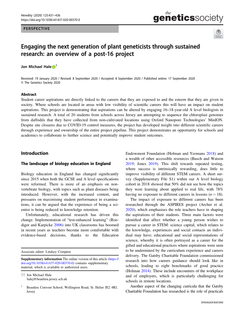 Engaging the Next Generation of Plant Geneticists Through Sustained Research: an Overview of a Post-16 Project