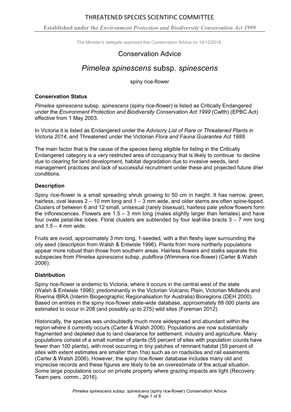 Conservation Advice Pimelea Spinescens Subsp