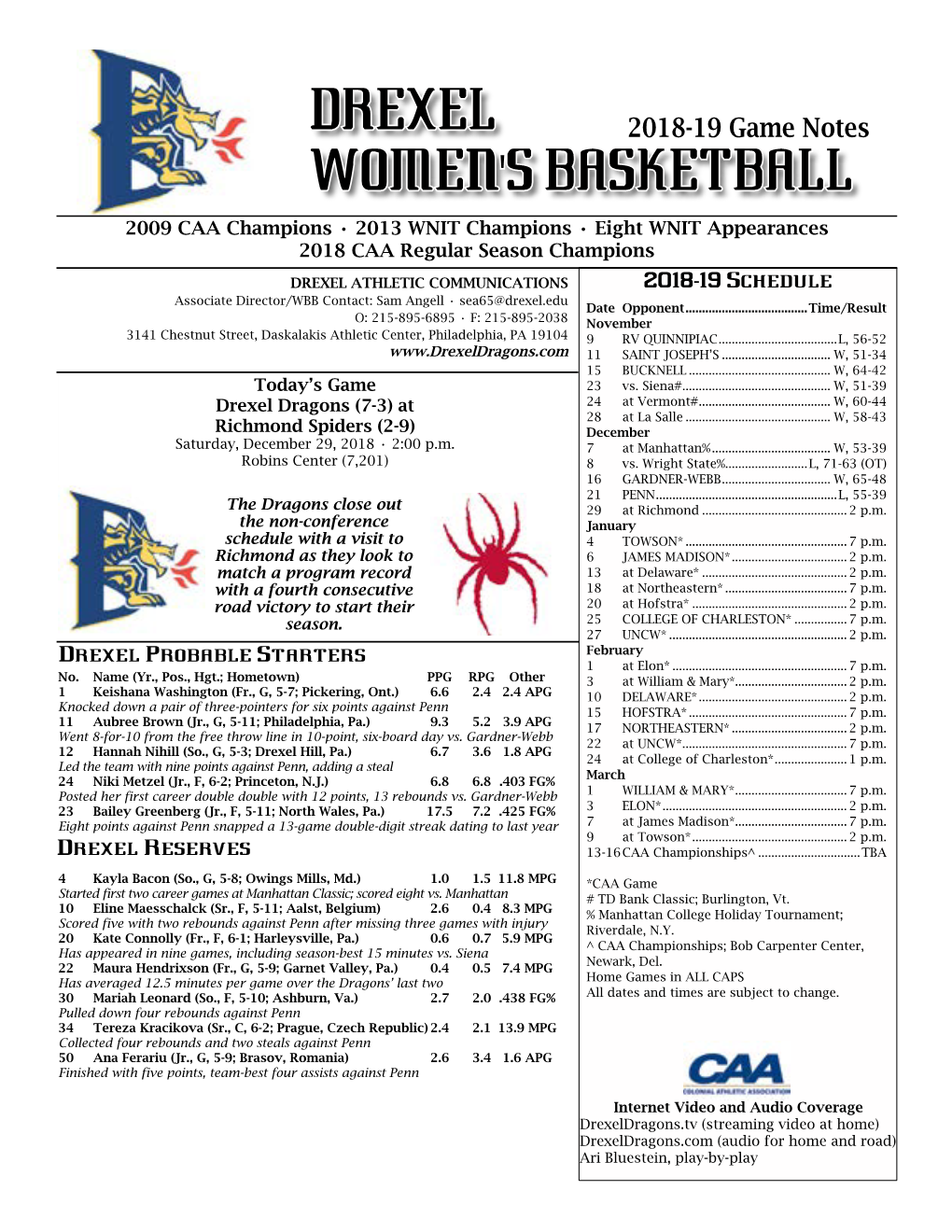 Drexel Women's Basketball Drexel Combined Team Statistics (As of Dec 27, 2018) All Games