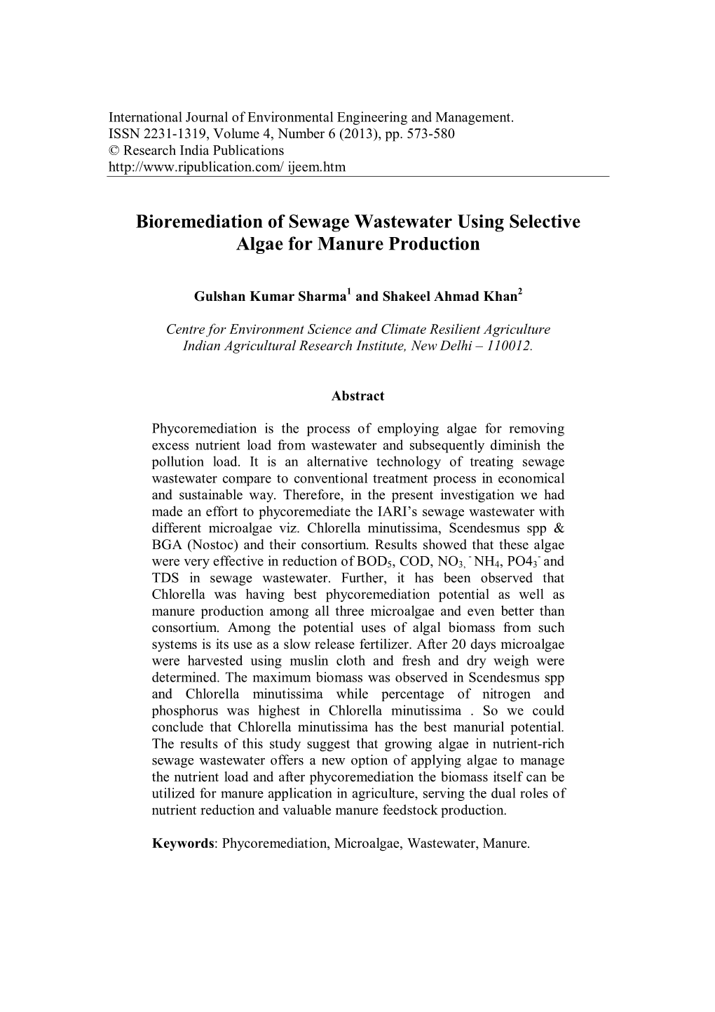 Bioremediation of Sewage Wastewater Using Selective Algae for Manure Production