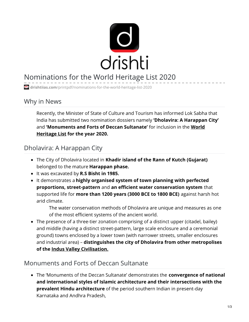 Nominations for the World Heritage List 2020