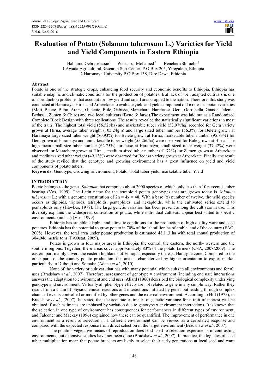 Evaluation of Potato (Solanum Tuberosum L.) Varieties for Yield and Yield Components in Eastern Ethiopia