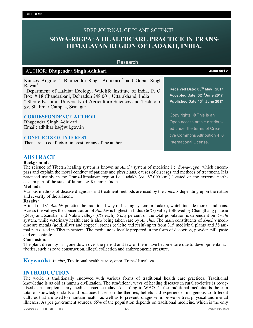 Sowa-Rigpa: a Healthcare Practice in Trans- Himalayan Region of Ladakh, India