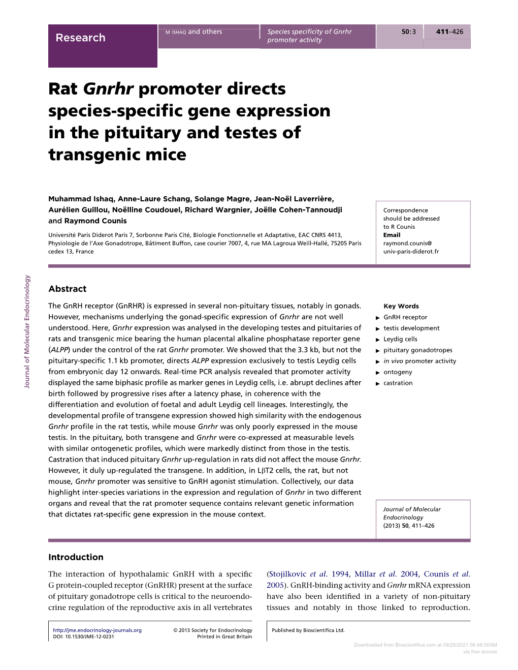 Rat Gnrhr Promoter Directs Species-Specific Gene Expression in the Pituitary and Testes of Transgenic Mice