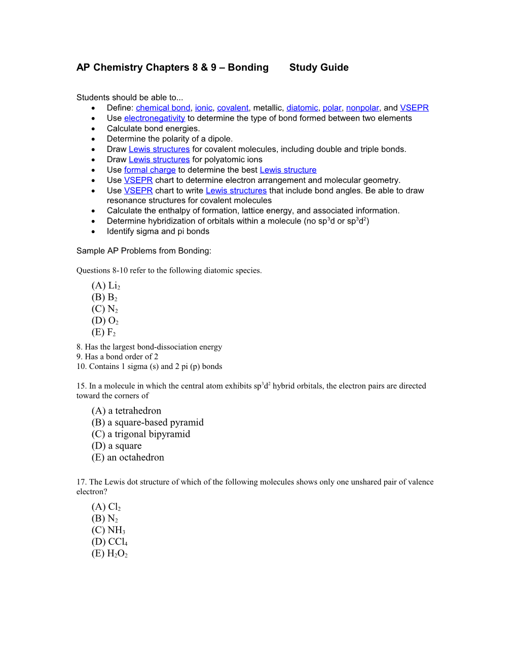 AP Chemistry Chapter 8 – Bonding