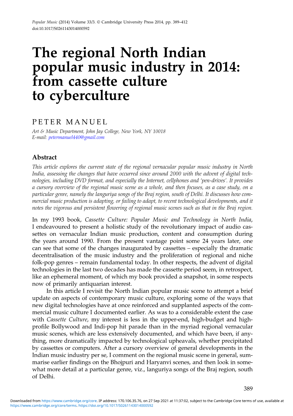 The Regional North Indian Popular Music Industry in 2014: from Cassette Culture to Cyberculture