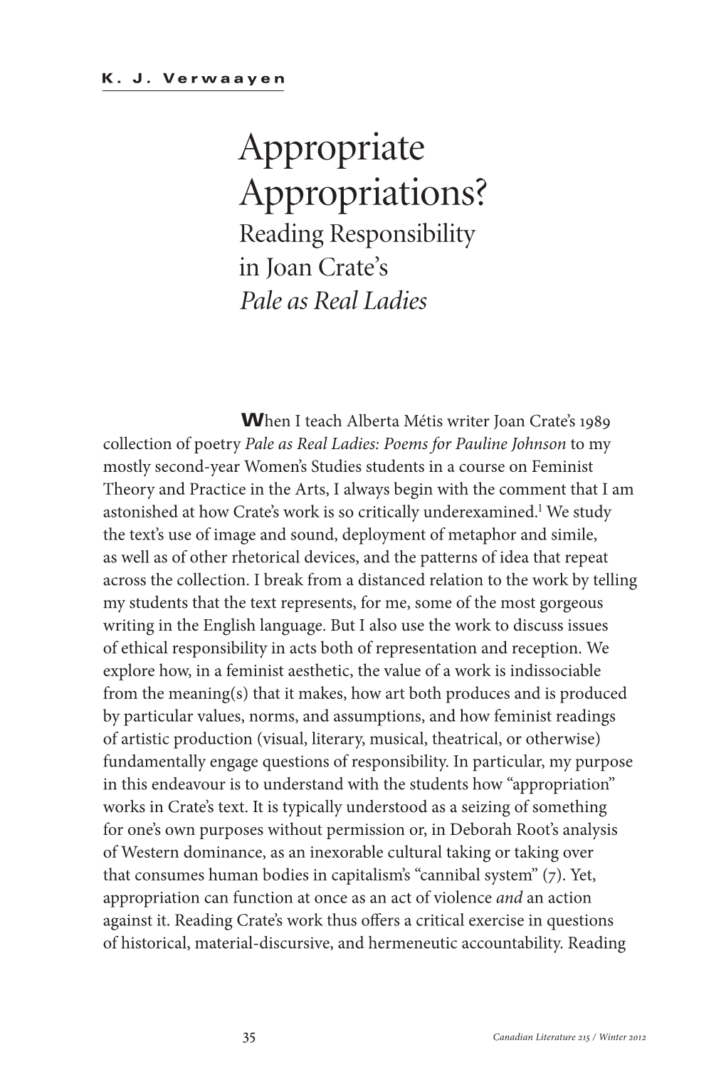 Appropriate Appropriations? Reading Responsibility in Joan Crate’S Pale As Real Ladies