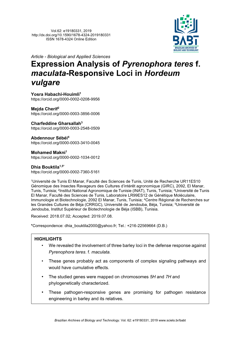 Expression Analysis of Pyrenophora Teres F. Maculata-Responsive Loci in Hordeum Vulgare