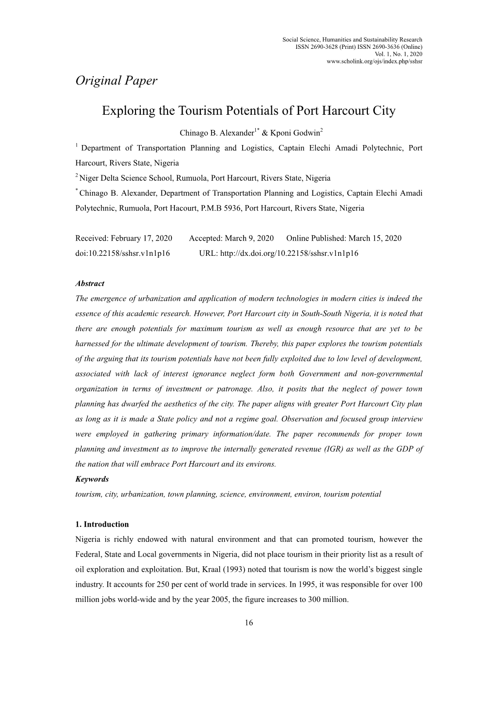 Original Paper Exploring the Tourism Potentials of Port Harcourt City