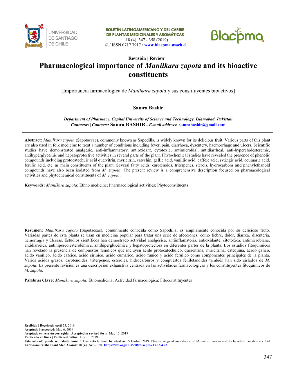 Pharmacological Importance of Manilkara Zapota and Its Bioactive Constituents