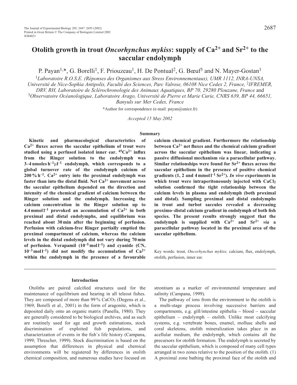 Endolymph Ca2+ and Sr2+ Homeostasis and Otolith Growth 2689