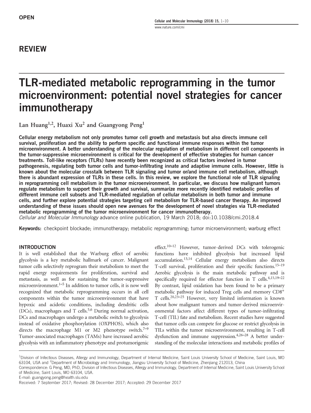 TLR-Mediated Metabolic Reprogramming in the Tumor Microenvironment: Potential Novel Strategies for Cancer Immunotherapy