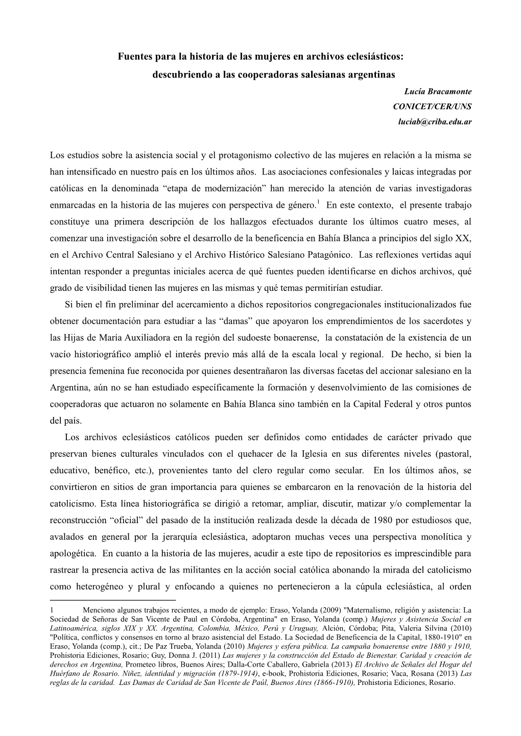 Fuentes Para La Historia De Las Mujeres En Archivos Eclesiásticos: Descubriendo a Las Cooperadoras Salesianas Argentinas