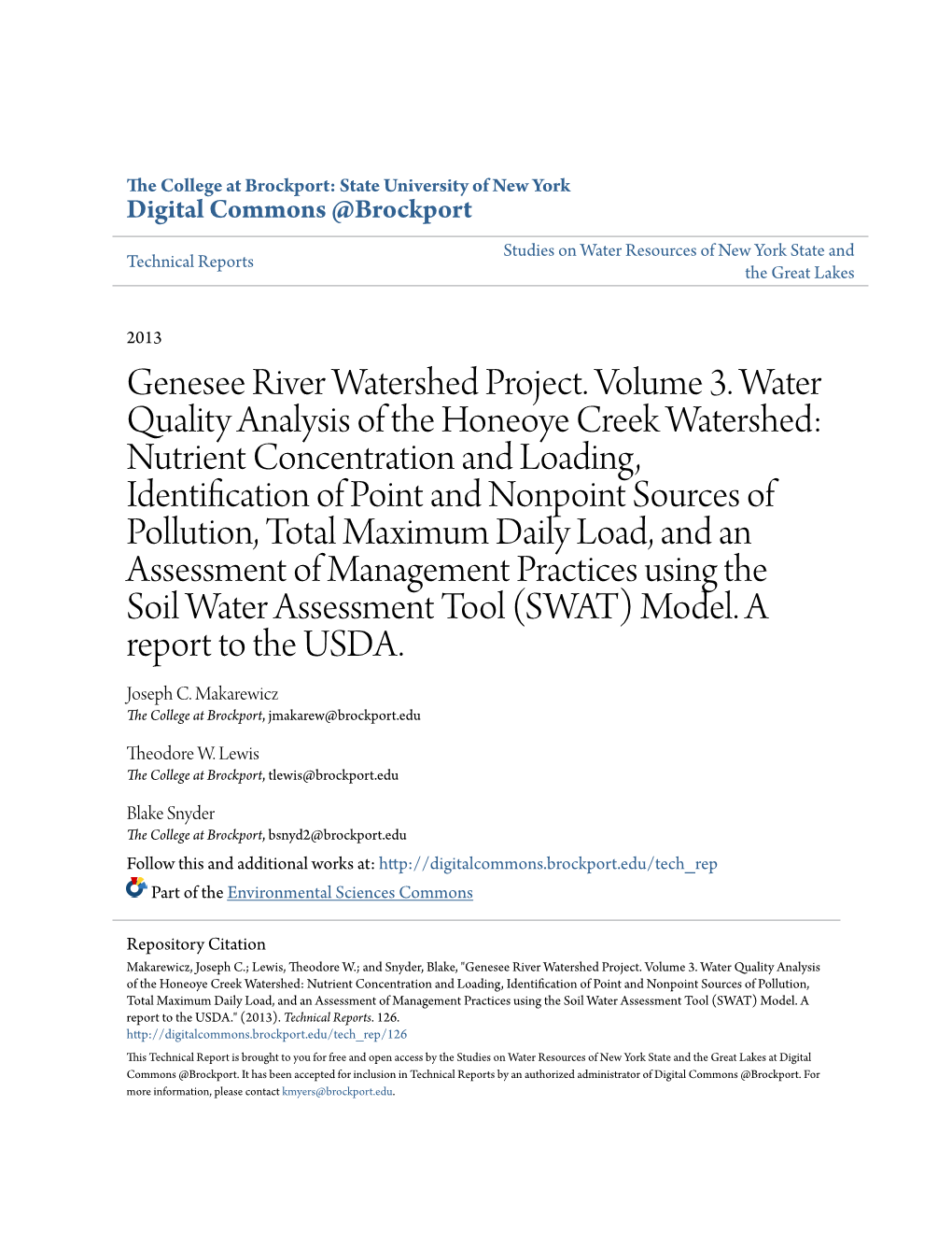 Genesee River Watershed Project. Volume 3. Water Quality