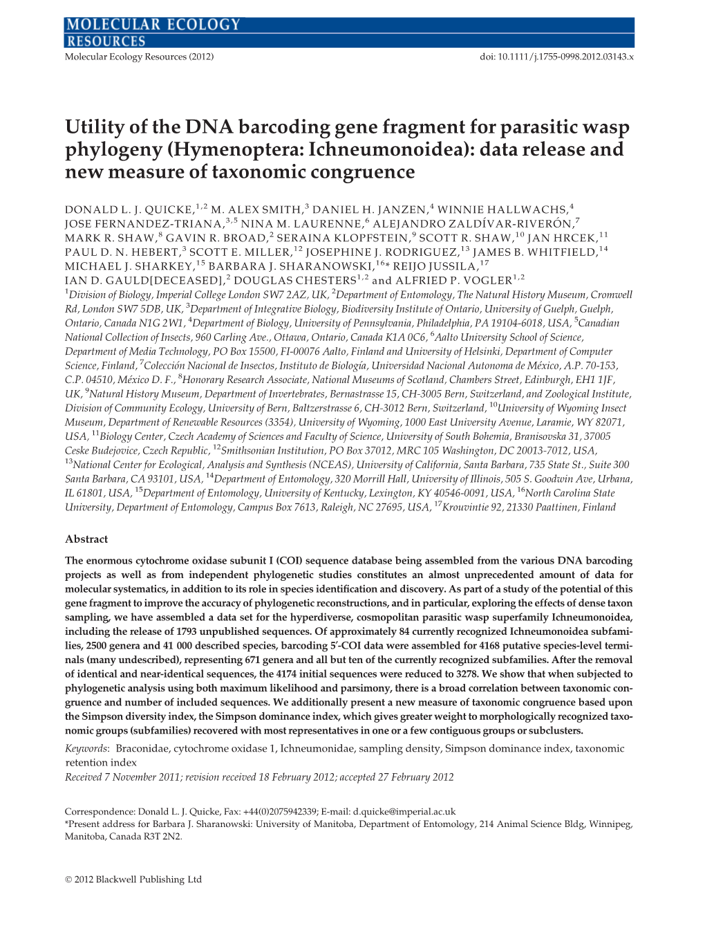 Utility of the DNA Barcoding Gene Fragment for Parasitic Wasp Phylogeny (Hymenoptera: Ichneumonoidea): Data Release and New Measure of Taxonomic Congruence