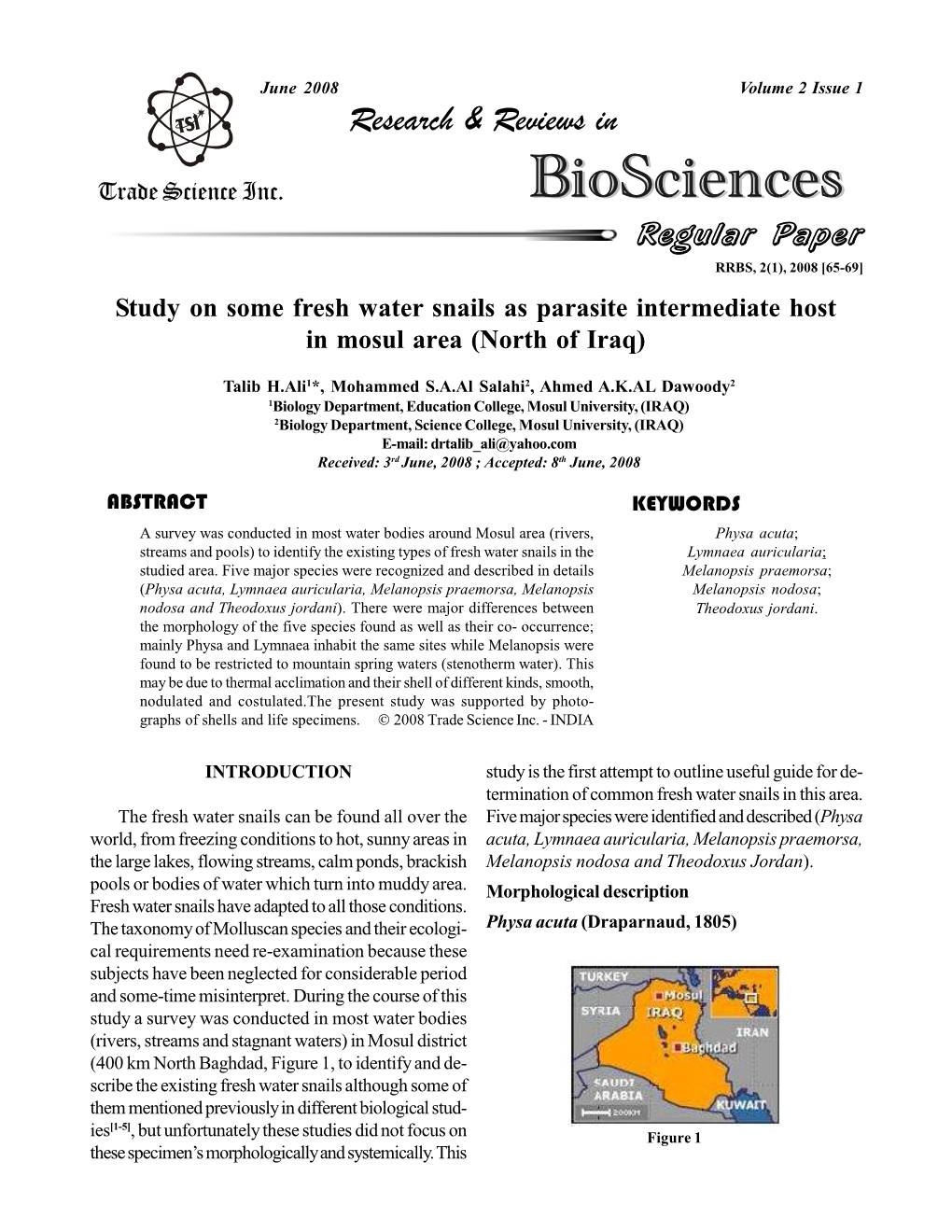 Study on Some Fresh Water Snails As Parasite Intermediate Host in Mosul Area (North of Iraq)