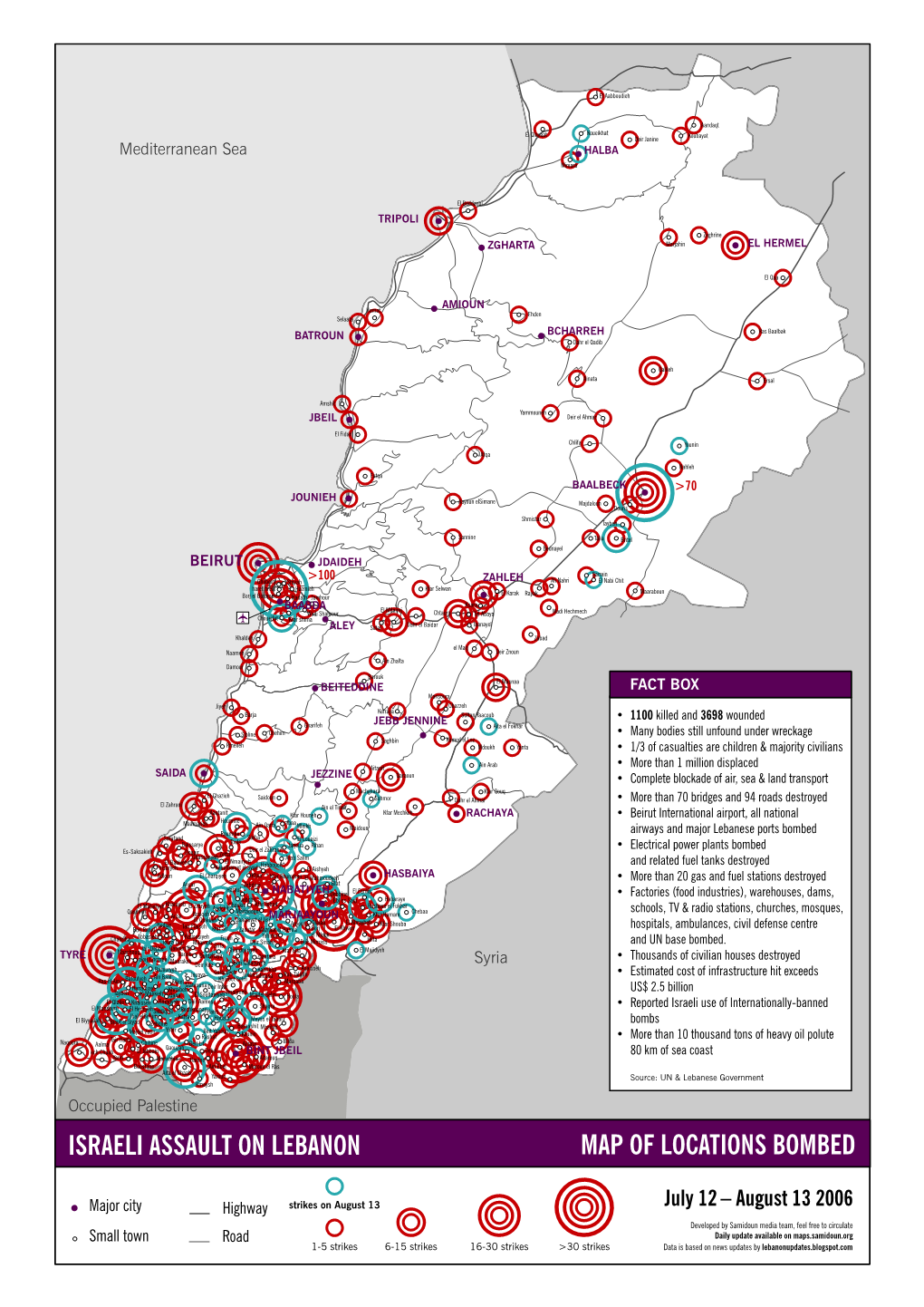 Israeli Assault on Lebanon Map of Locations Bombed