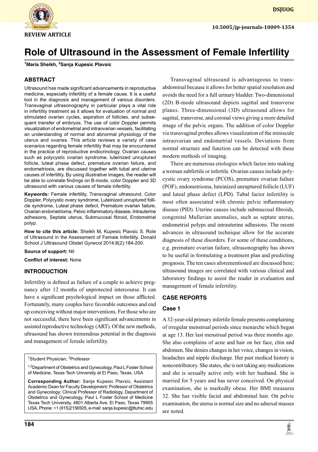 Role of Ultrasound in the Assessment of Female Infertility 1Maria Sheikh, 2Sanja Kupesic Plavsic