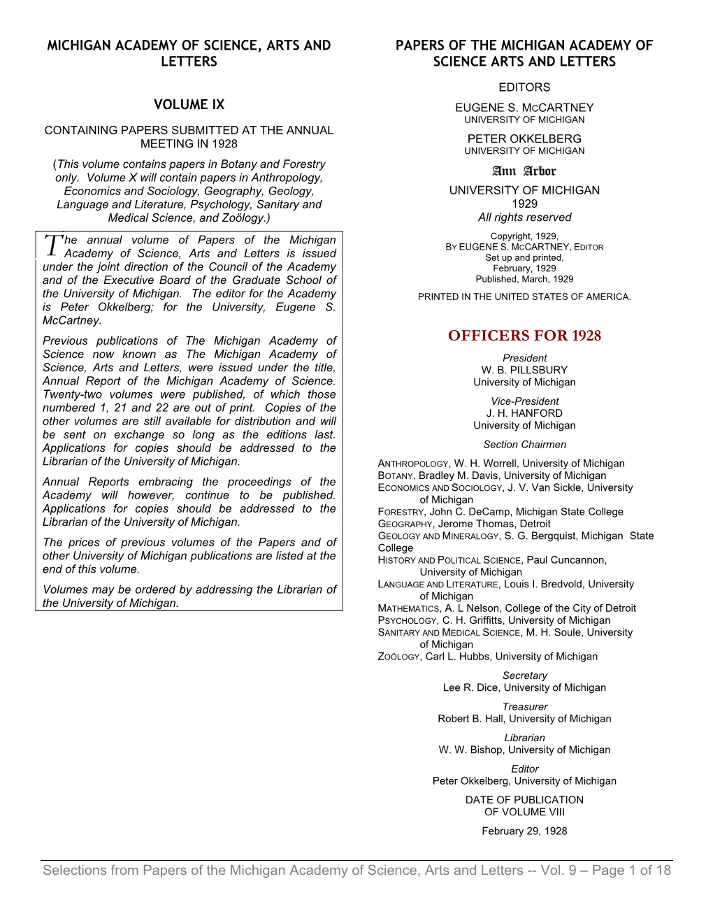 OFFICERS for 1928 Science Now Known As the Michigan Academy of President Science, Arts and Letters, Were Issued Under the Title, W