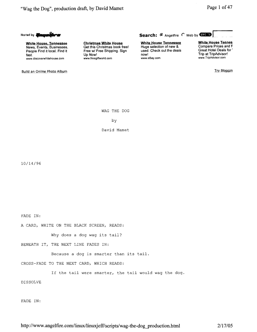 Page 1 Of47 "Wag the Dog", Production Draft, by David Mamet Http
