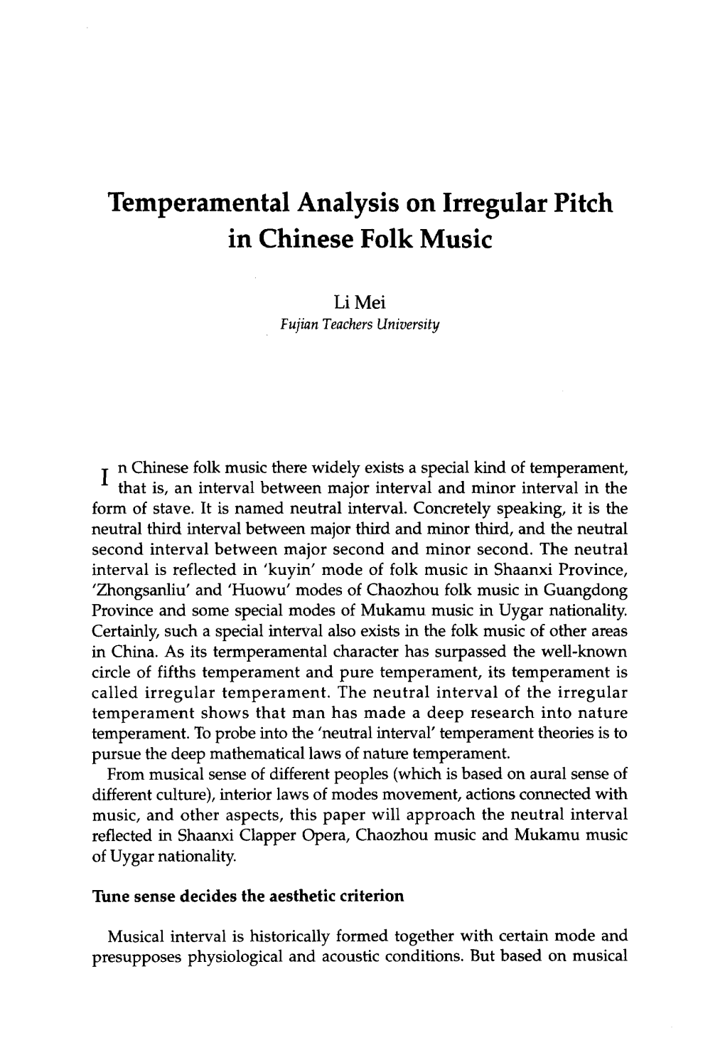 Temperamental Analysis on Irregular Pitch in Chinese Folk Music