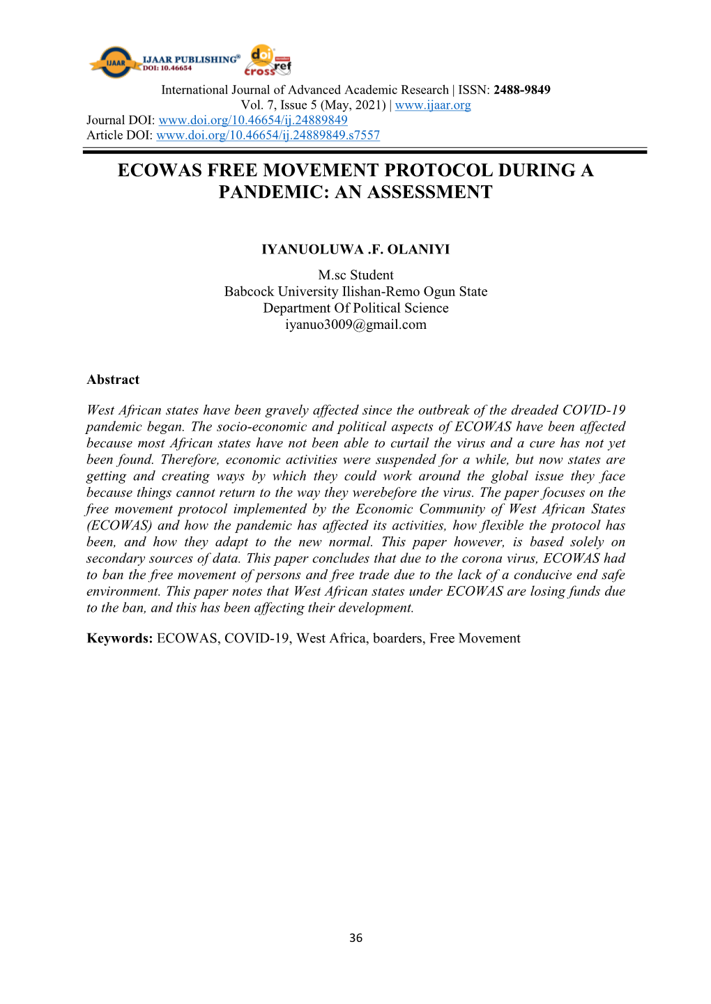 Ecowas Free Movement Protocol During a Pandemic: an Assessment