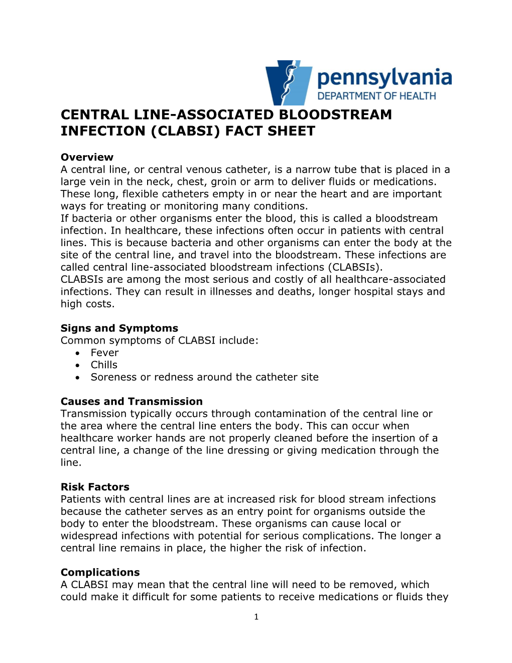 Central Line-Associated Bloodstream Infection (Clabsi) Fact Sheet