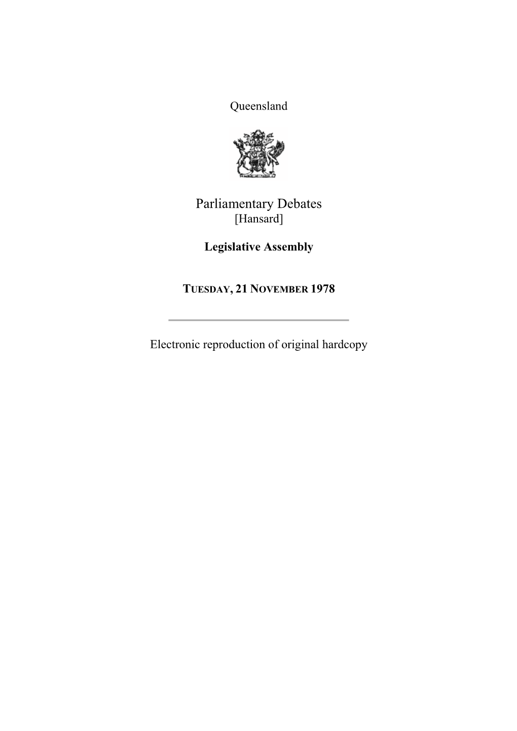 [Hansard] Legislative Assembly TUESDAY, 21 NOVEMBER 1978