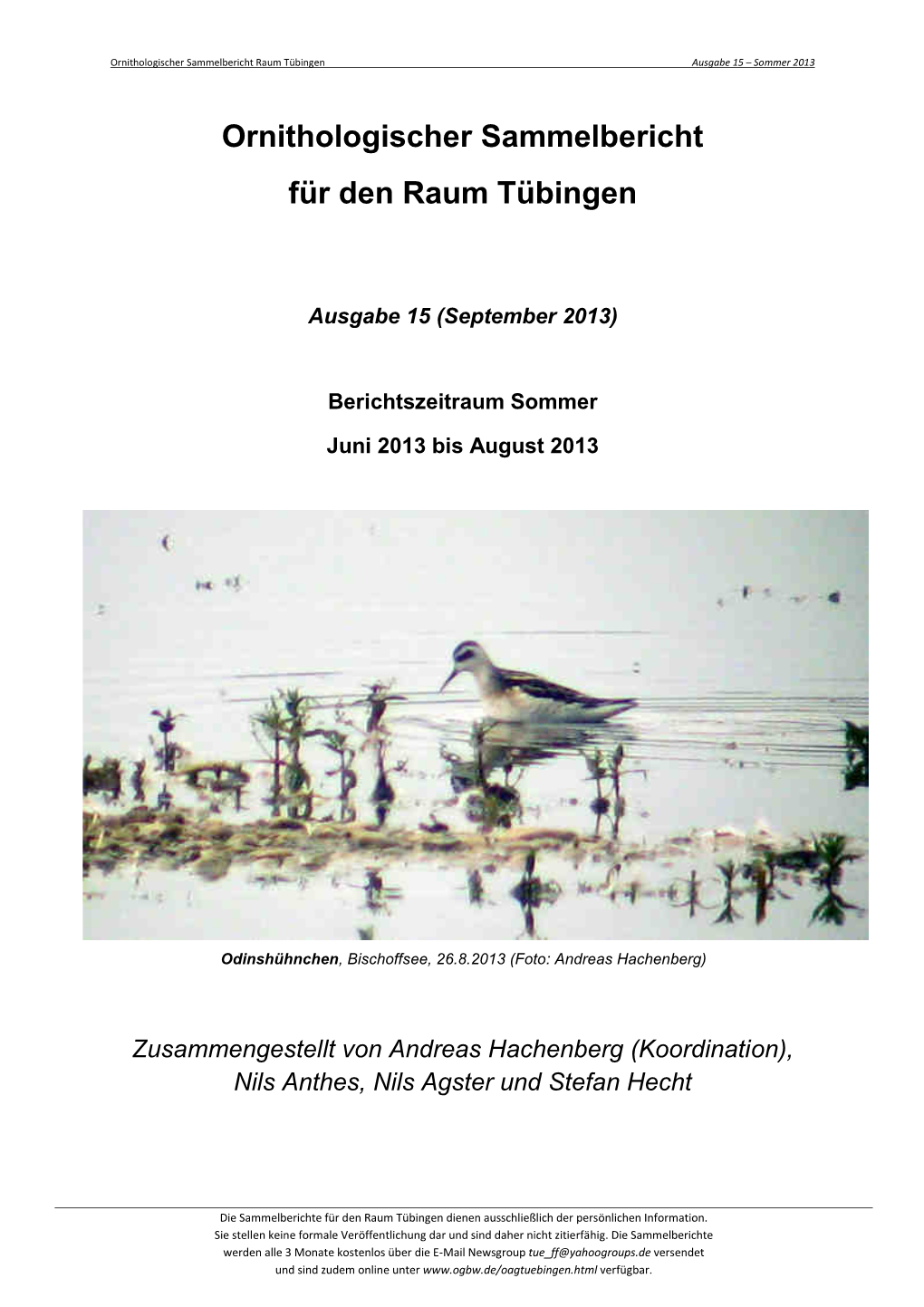 Ornithologischer Sammelbericht Für Den Raum Tübingen
