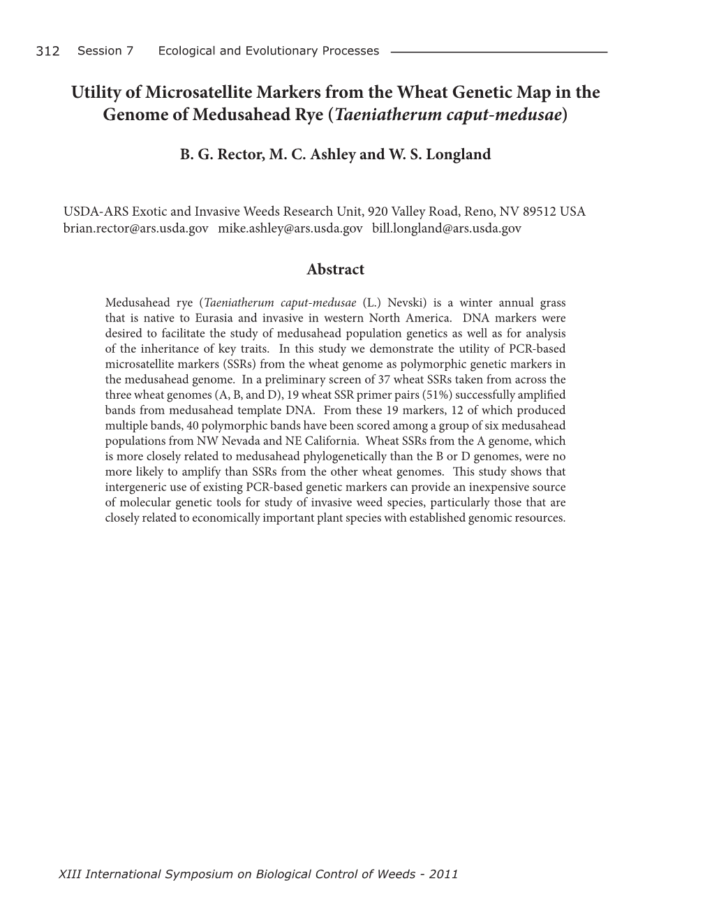 Utility of Microsatellite Markers from the Wheat Genetic Map in the Genome of Medusahead Rye (Taeniatherum Caput-Medusae)