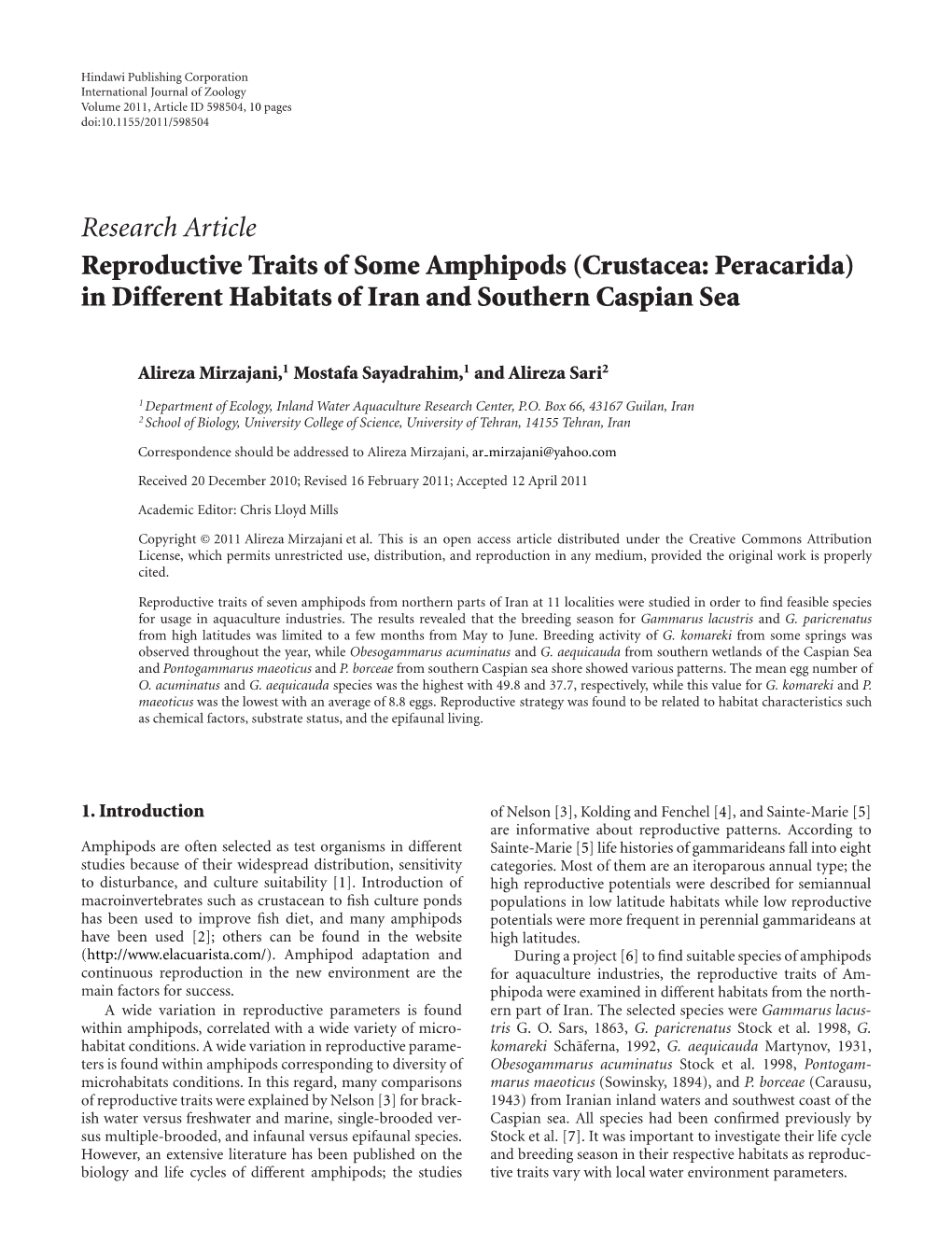 Reproductive Traits of Some Amphipods (Crustacea: Peracarida) in Different Habitats of Iran and Southern Caspian Sea