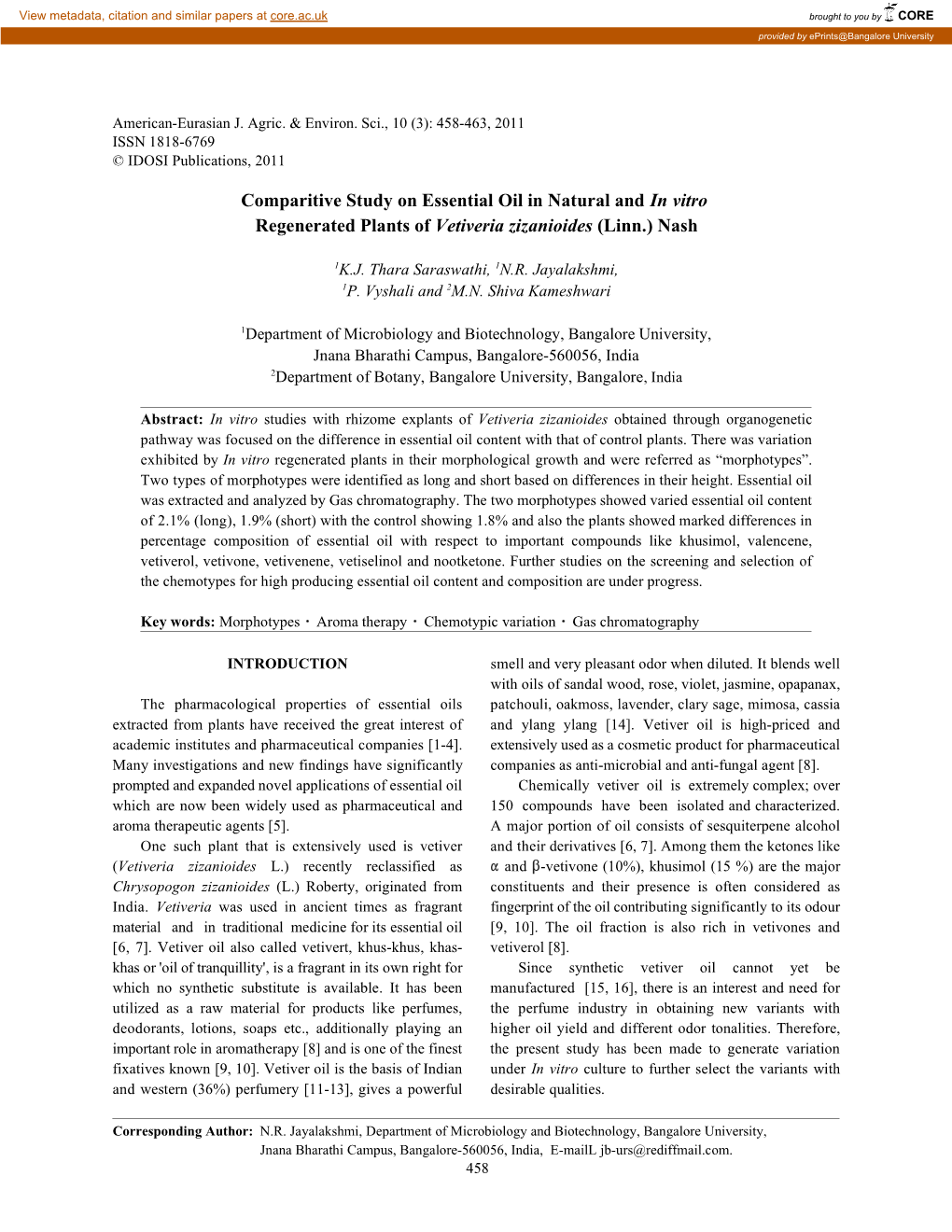 Comparitive Study on Essential Oil in Natural and in Vitro Regenerated Plants of Vetiveria Zizanioides (Linn.) Nash