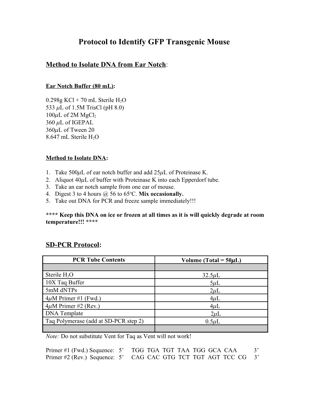 Protocol to Identify GFP Transgenic Mouse