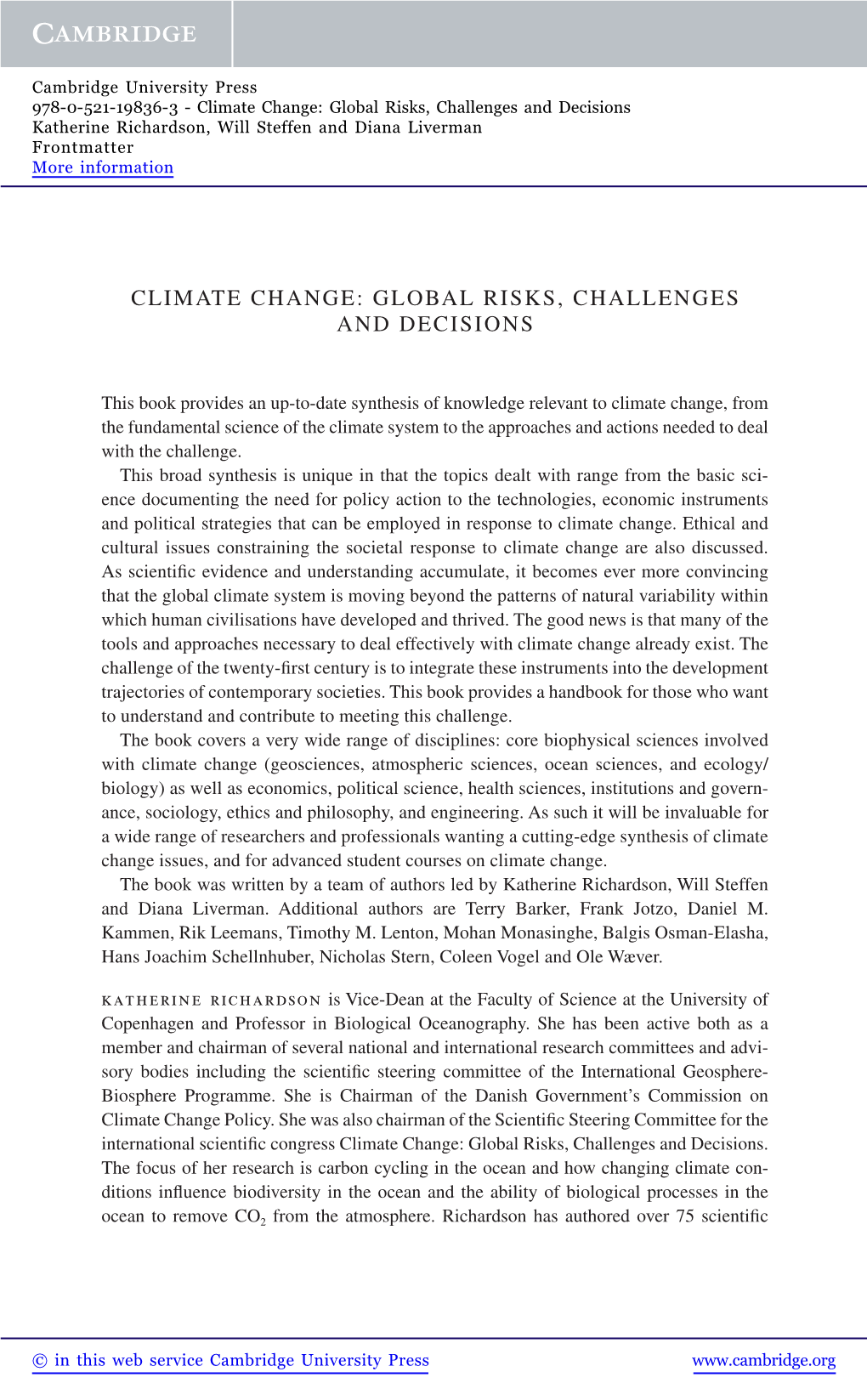 Climate Change: Global Risks, Challenges and Decisions Katherine Richardson, Will Steffen and Diana Liverman Frontmatter More Information