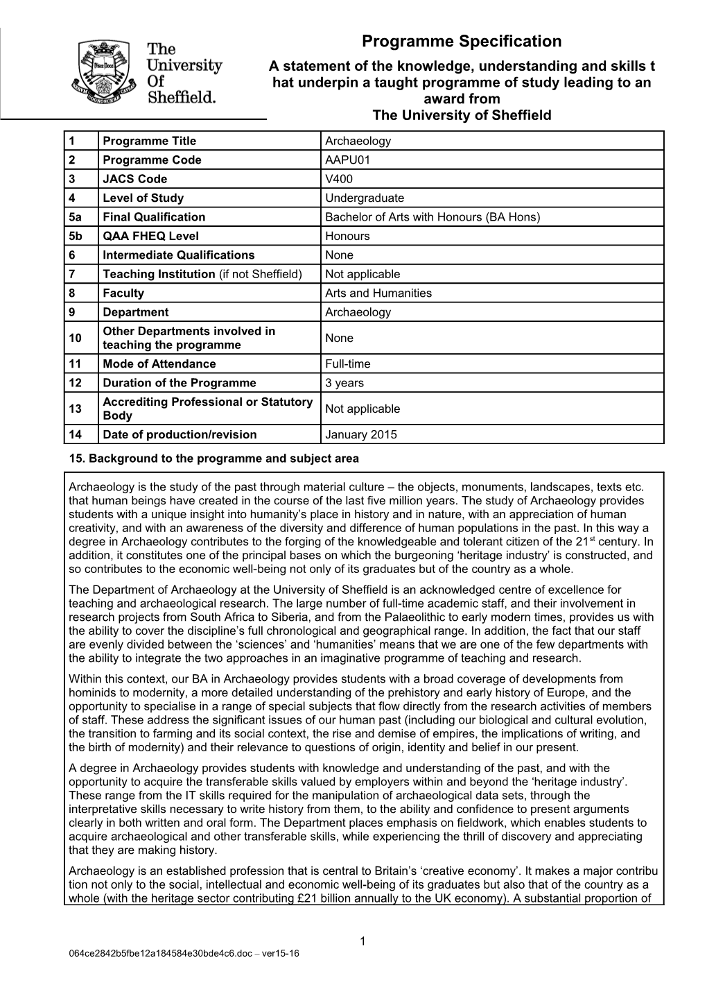 Archaeology - Programme Specifications