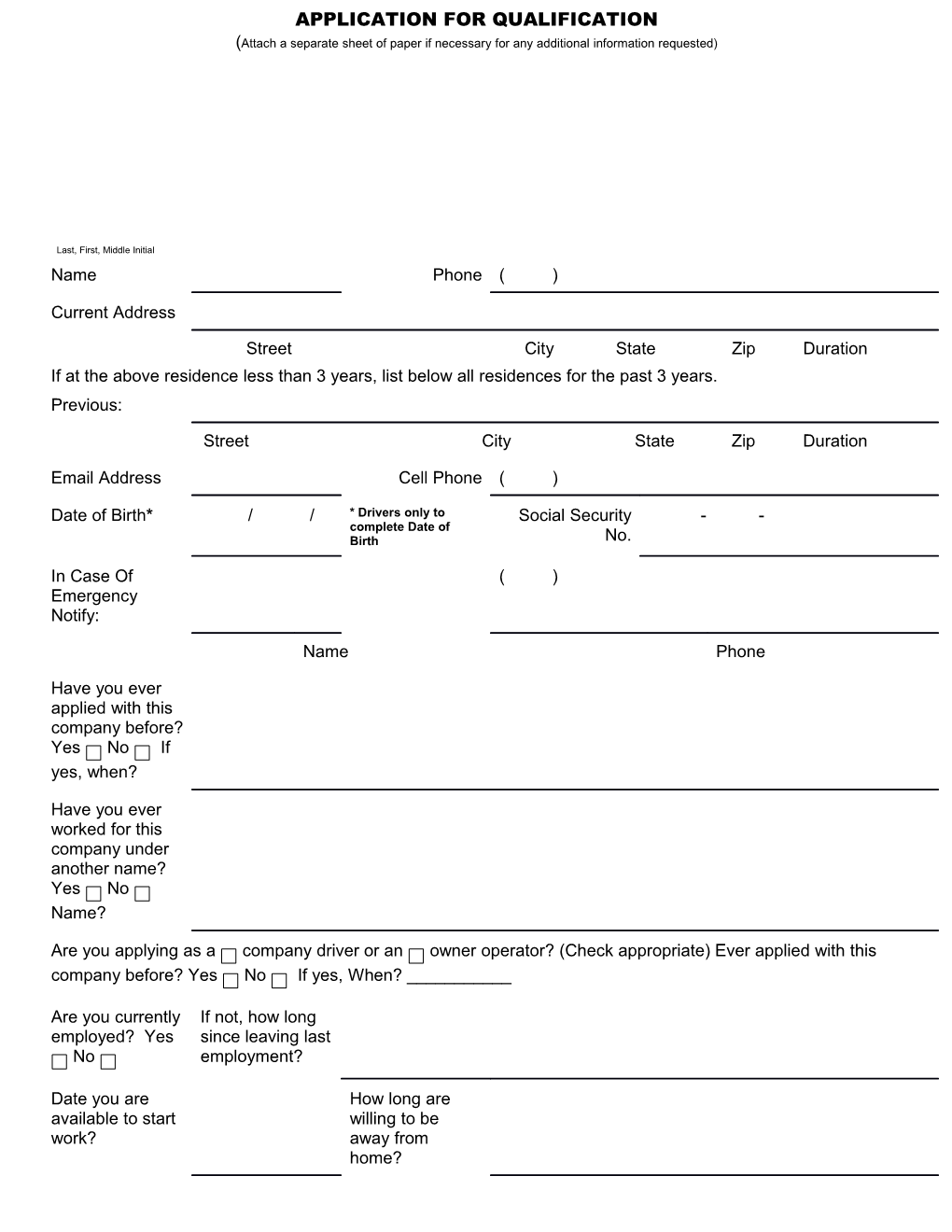 Driver S Application for Employment