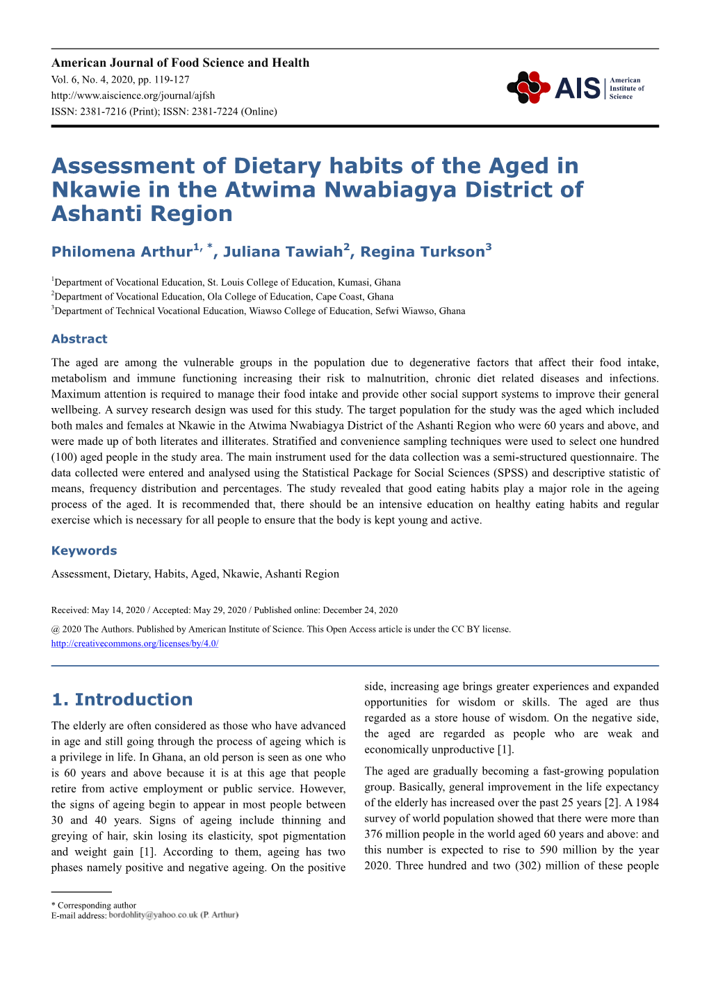 Assessment of Dietary Habits of the Aged in Nkawie in the Atwima Nwabiagya District of Ashanti Region