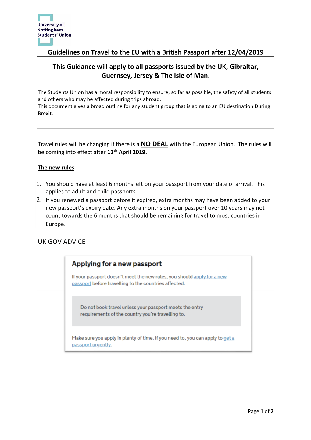 Guidelines on Travel to the EU with a British Passport After 12/04/2019 This Guidance Will Apply to All Passports Issued By