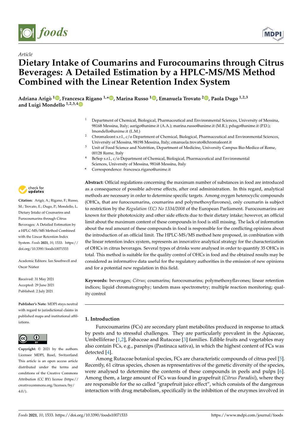 Dietary Intake of Coumarins and Furocoumarins Through Citrus Beverages: a Detailed Estimation by a HPLC-MS/MS Method Combined with the Linear Retention Index System