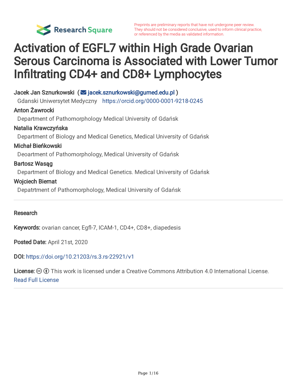 Activation of EGFL7 Within High Grade Ovarian Serous Carcinoma Is Associated with Lower Tumor Infltrating CD4+ and CD8+ Lymphocytes