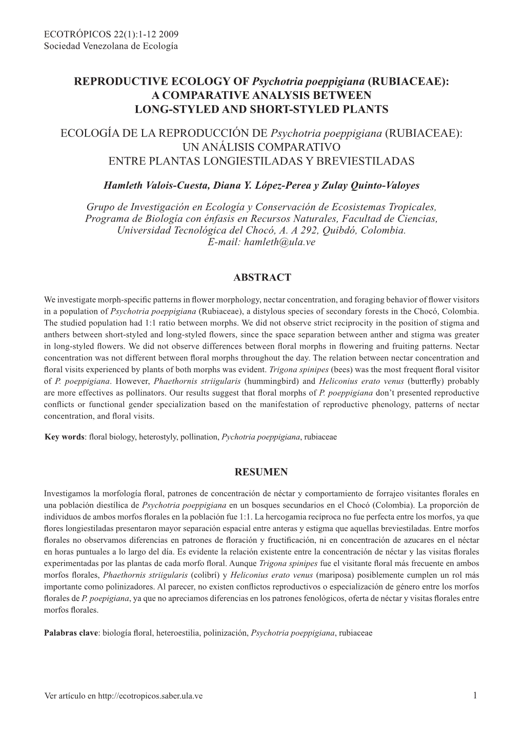 Rubiaceae): a Comparative Analysis Between Long-Styled and Short-Styled Plants