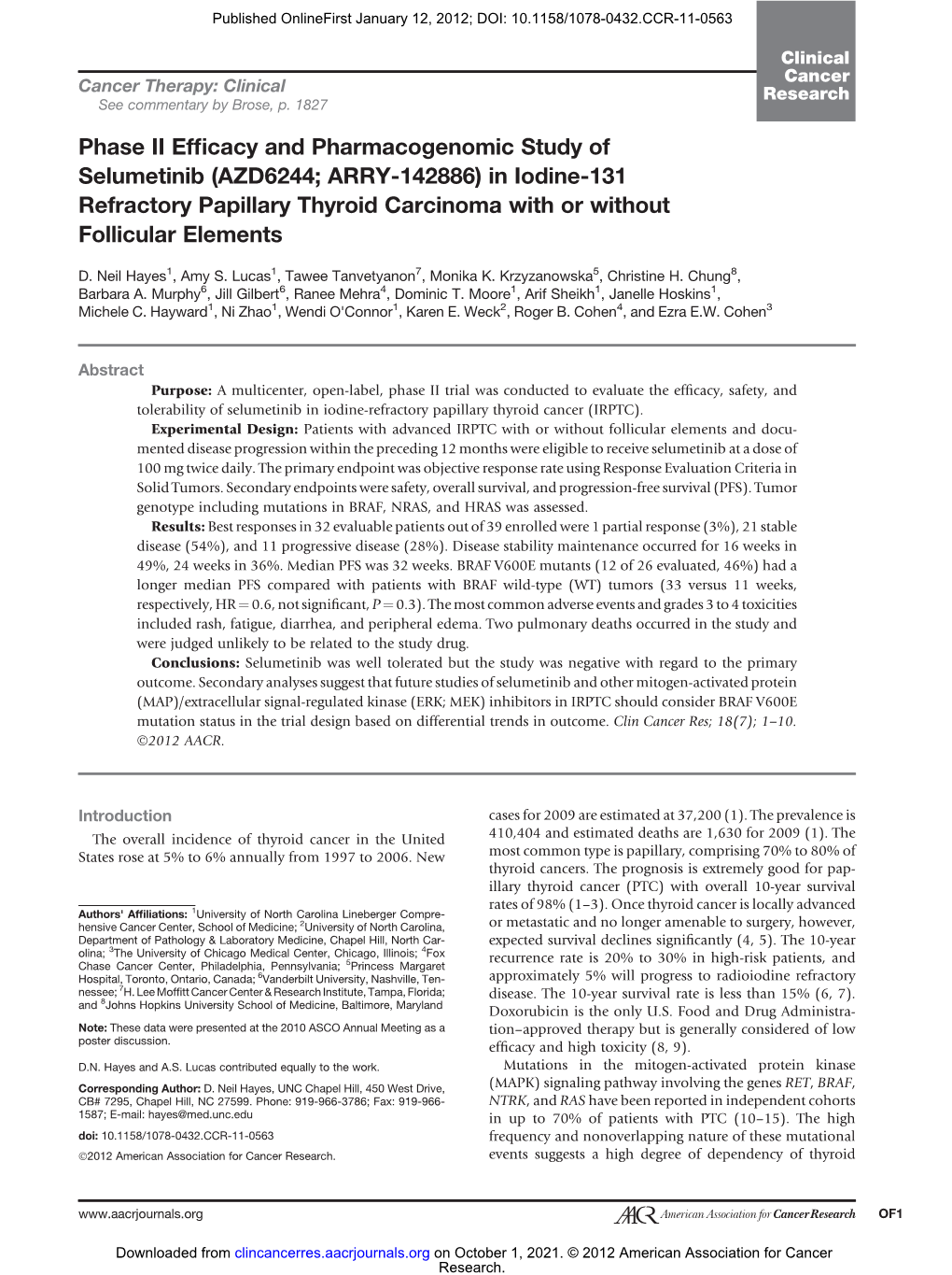 Phase II Efficacy and Pharmacogenomic Study of Selumetinib